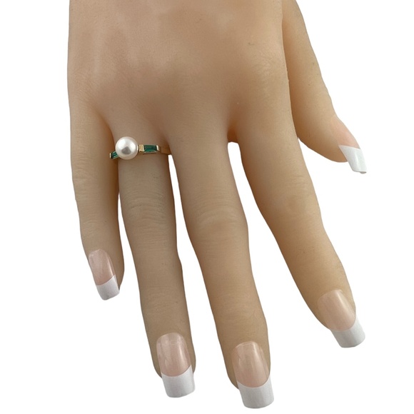 14K Yellow Gold Cultured Pearl Lab Created Emerald Ring Size 5 #15676 - Picture 6 of 9